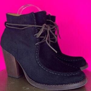 Latigo Frieda Black Suede Moc Toe Lace-Up Block Heel Ankle Boots US 7.5